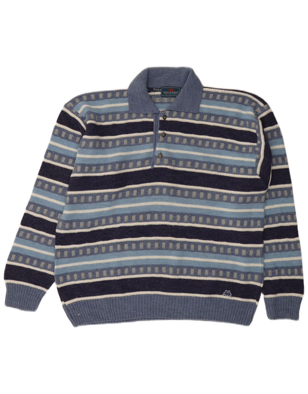 Kappa Mens Polo Neck Jumper Sweater Large Blue Striped Wool
