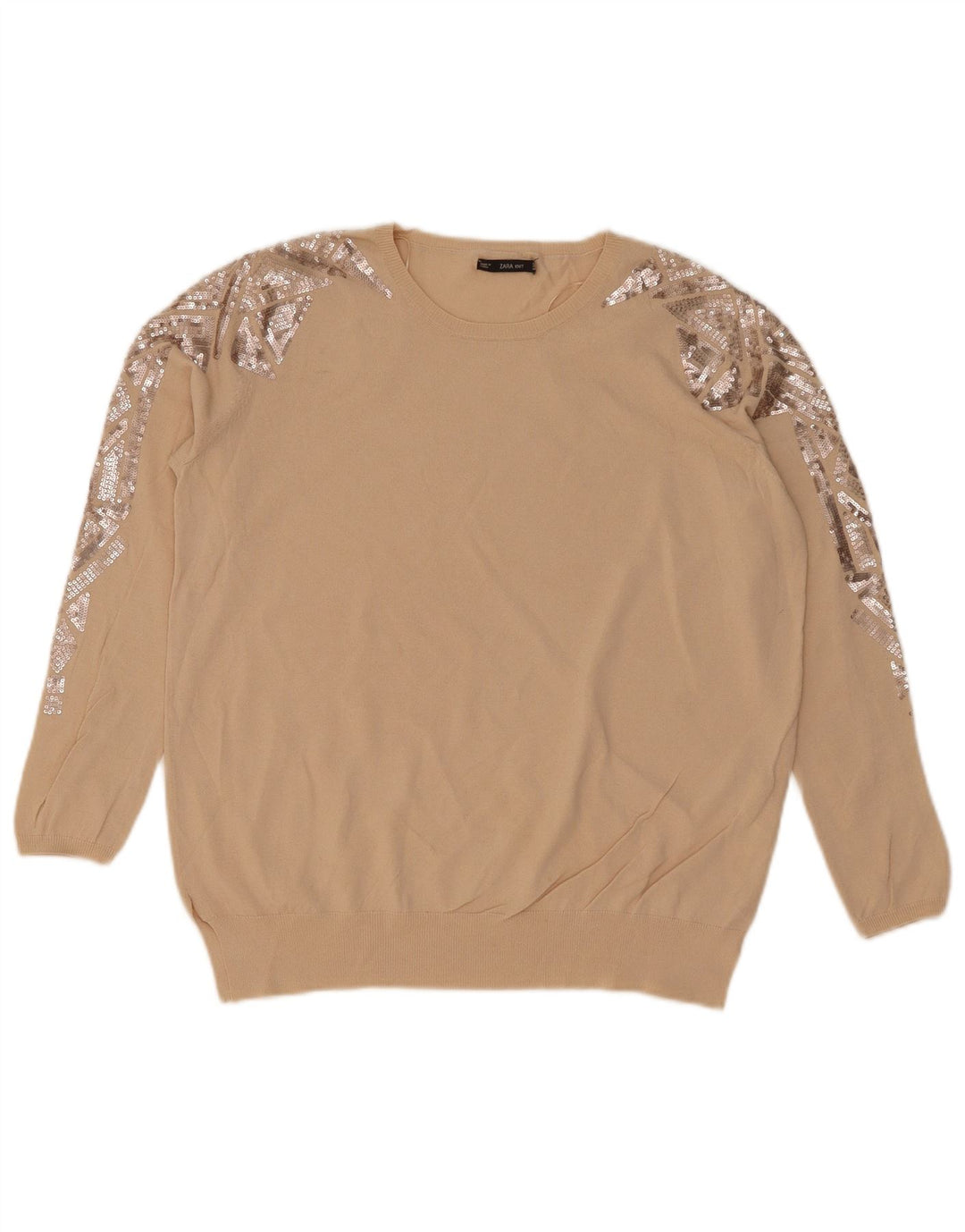 Zara Womens Crew Neck Jumper Sweater UK 14 Medium Beige Geometric