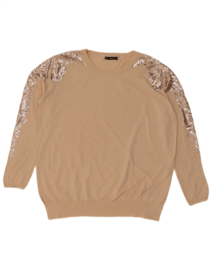 Zara Womens Crew Neck Jumper Sweater UK 14 Medium Beige Geometric