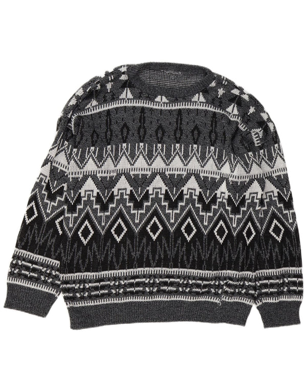 vintage Mens Boat Neck Jumper Pull Grand Gris Géométrique