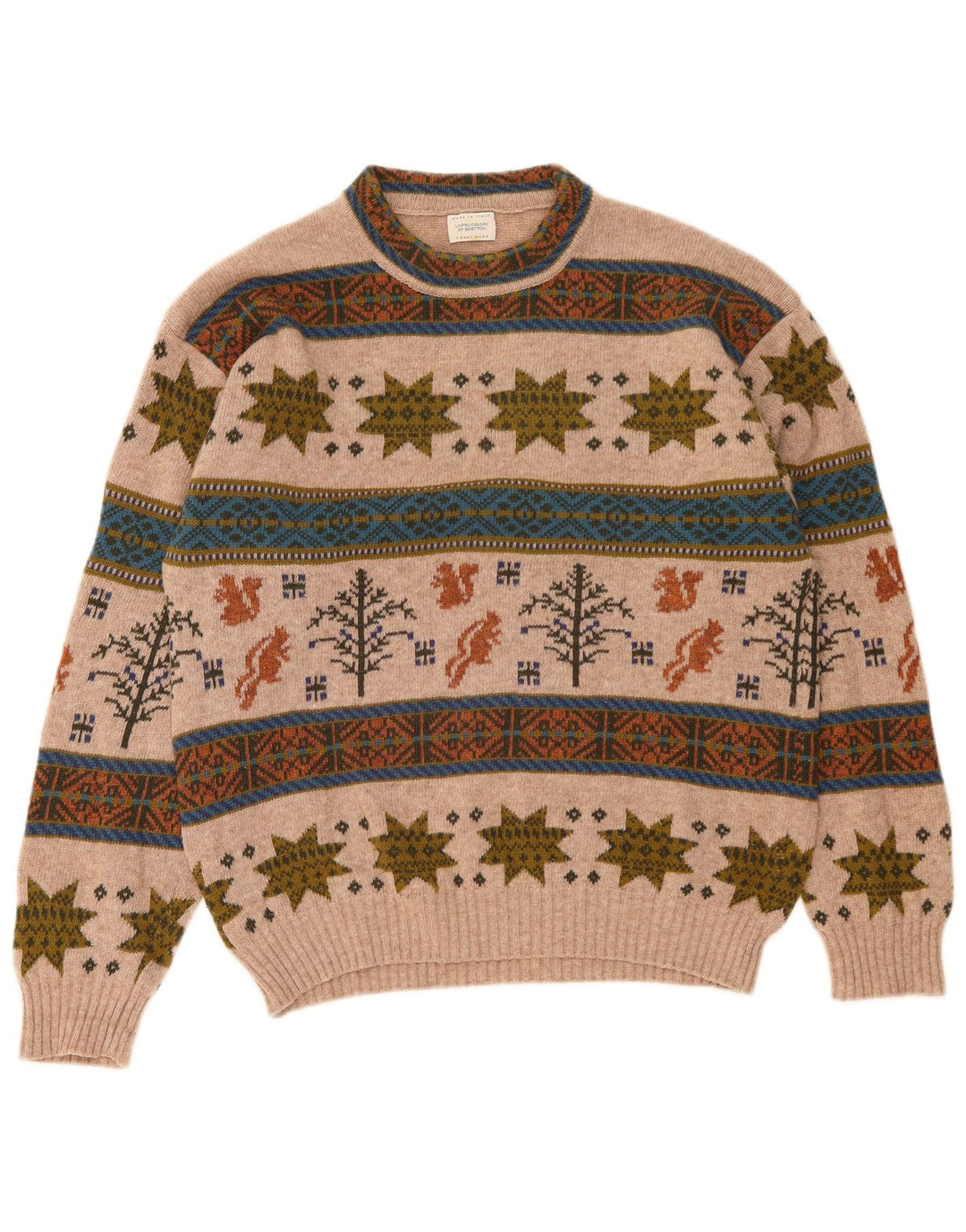 Benetton Mens Crew Neck Jumper Sweater Medium Beige Fair Isle Wool