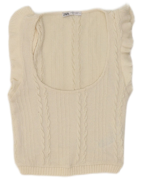 Canotta corta da donna Zara UK 8 piccola in poliestere bianco sporco