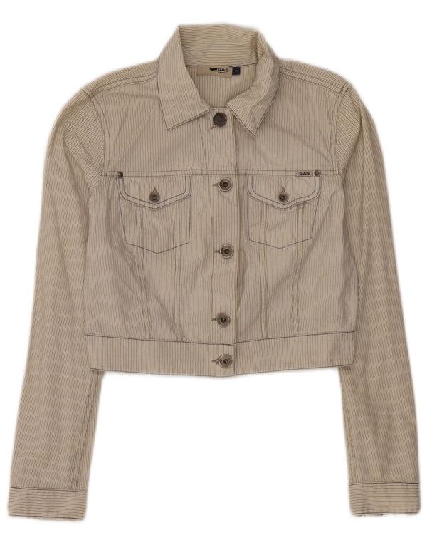 Gas Womens Crop Bomber Jacket UK 10 Small Beige Stribet Bomuld