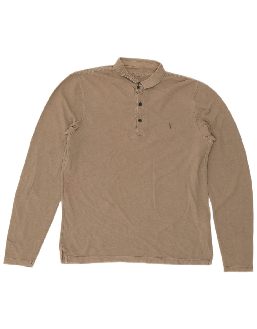 All Saints Mens Long Sleeve Polo Shirt Medium Beige Cotton