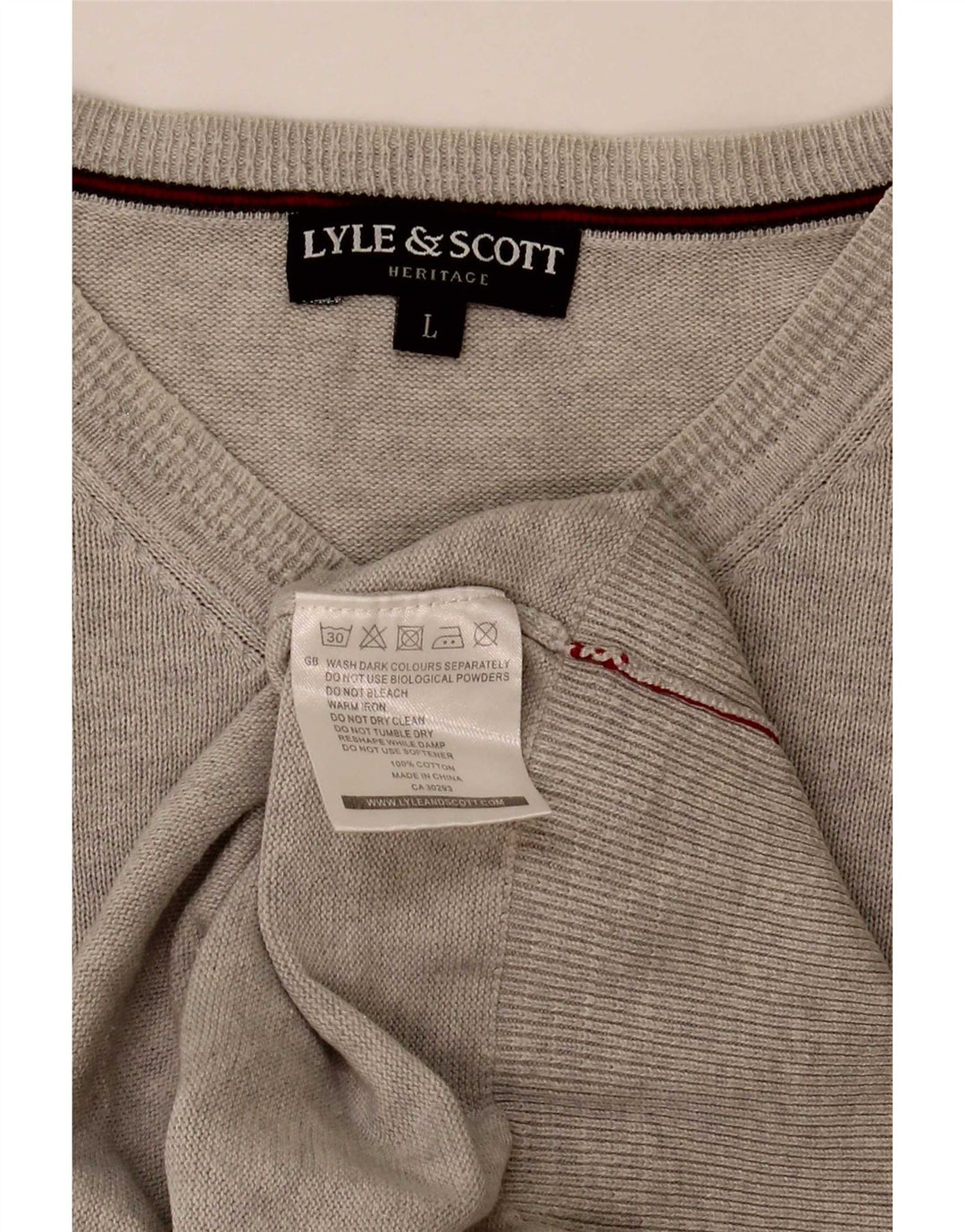 Lyle & Scott Mens Heritage V-Neck Jumper Sweater Large Grey Cotton