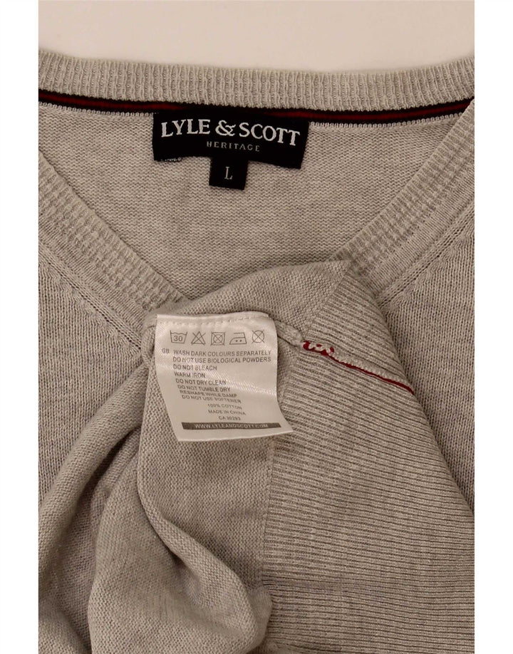 Lyle & Scott Mens Heritage V-Neck Jumper Sweater Large Grey Cotton