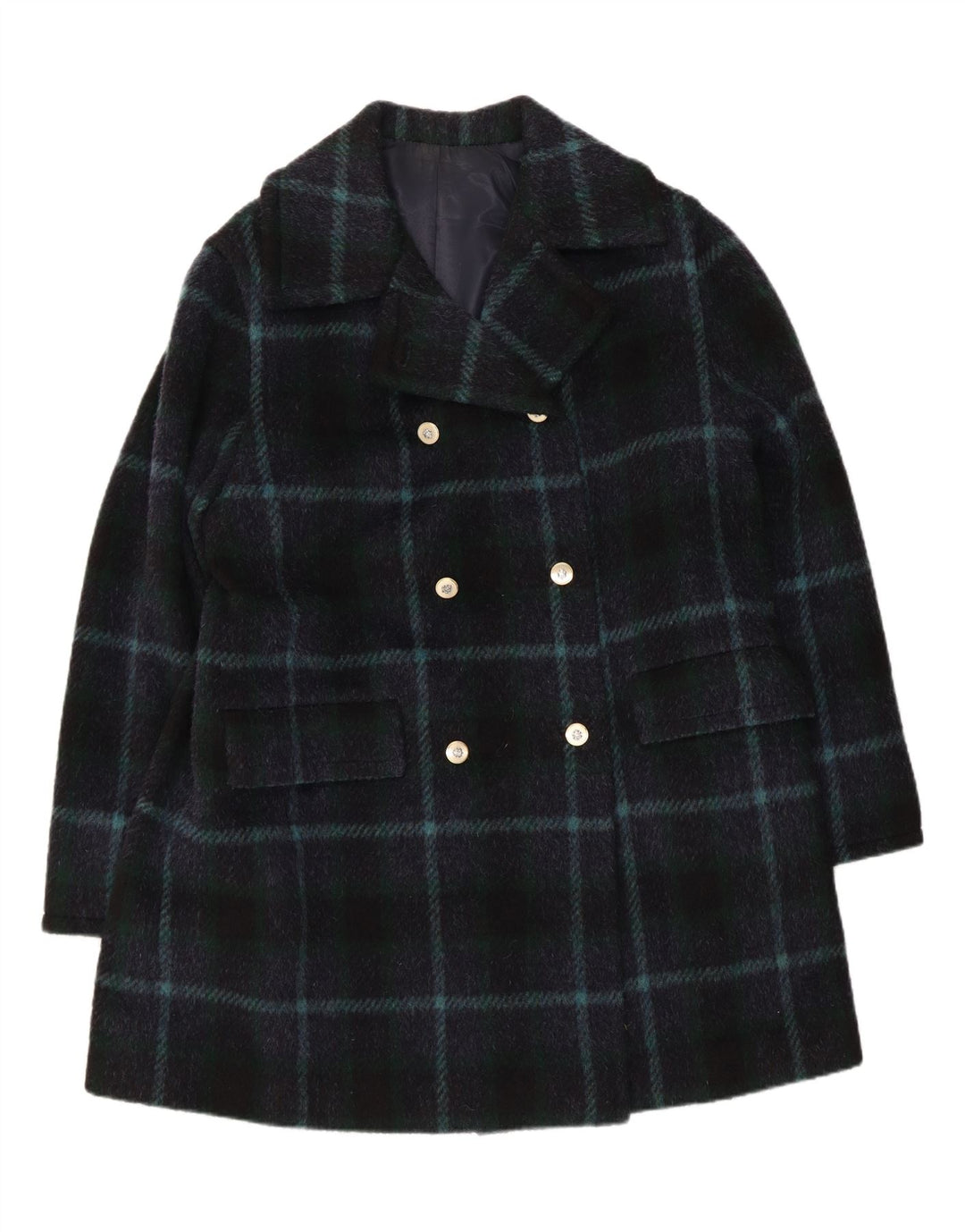 VINTAGE Womens Double Breasted Coat UK 16 Large Navy Blue Plaid