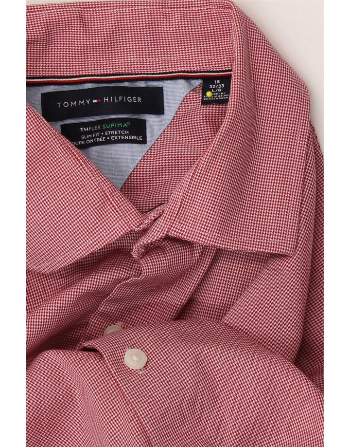 Tommy Hilfiger Mens Flex Slim Fit Shirt Size 16 Large Red Houndstooth