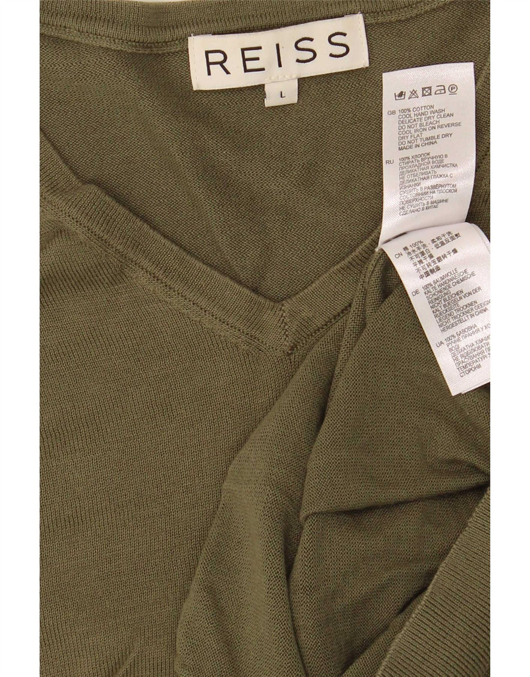 Reiss Mens V-Neck Jumper Sweater Large Khaki Cotton