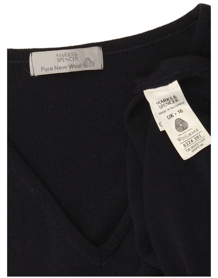 Marks & Spencer Womens V-Neck Jumper Sweater UK 16 Large Navy Blue Wool