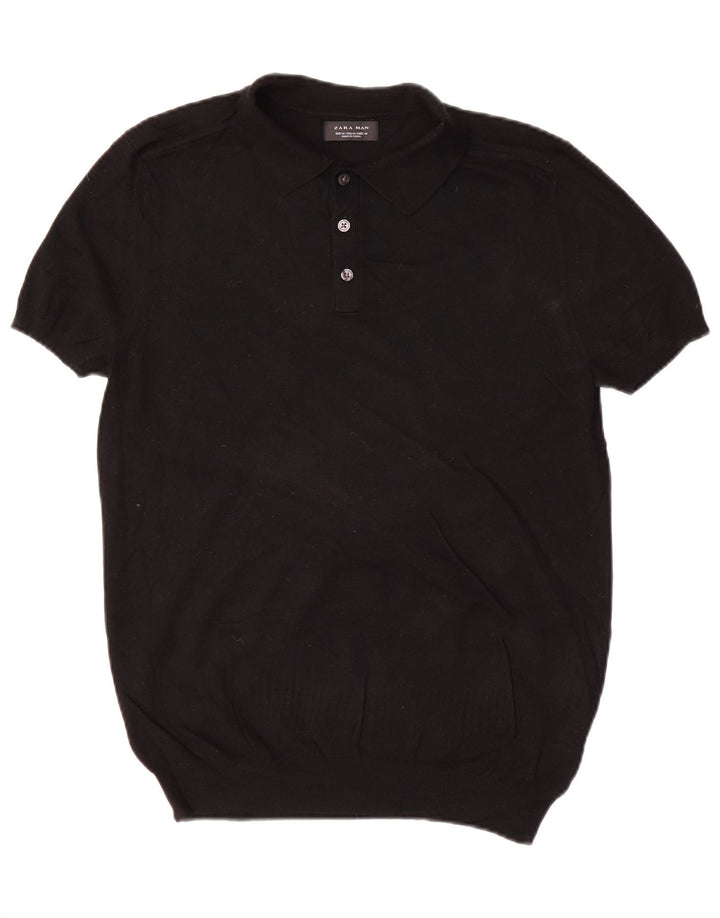 Zara Mens Short Sleeve Polo Neck Jumper Sweater Medium Black Viscose