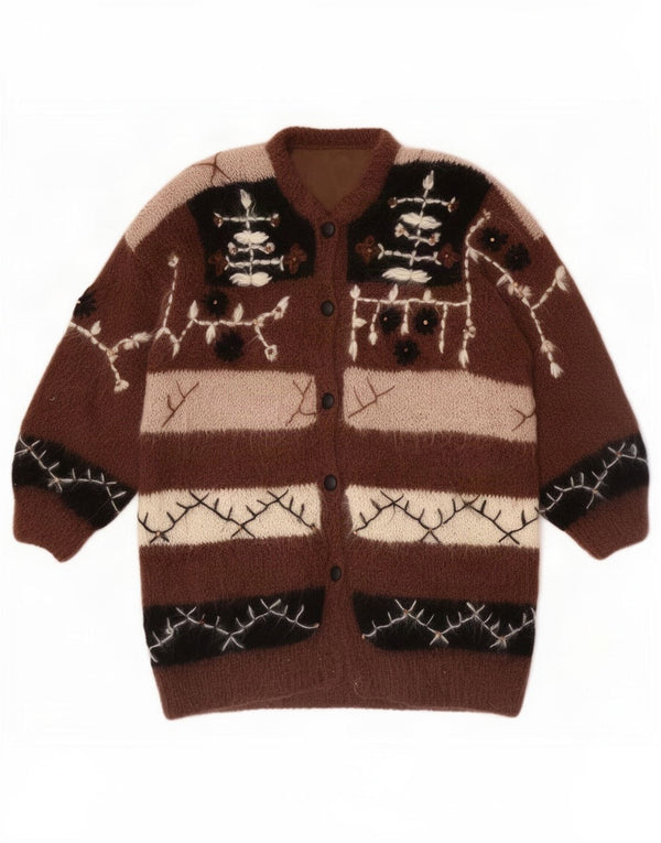 Vintage Womens Hand Made Cardigan Sweater Size 46/48 Large Brown Novelty
