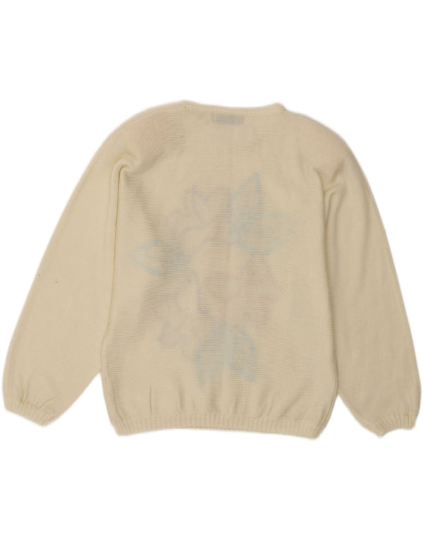 vintage Womens Crew Neck Jumper Pull Taille Unique Off White Floral Acrylique