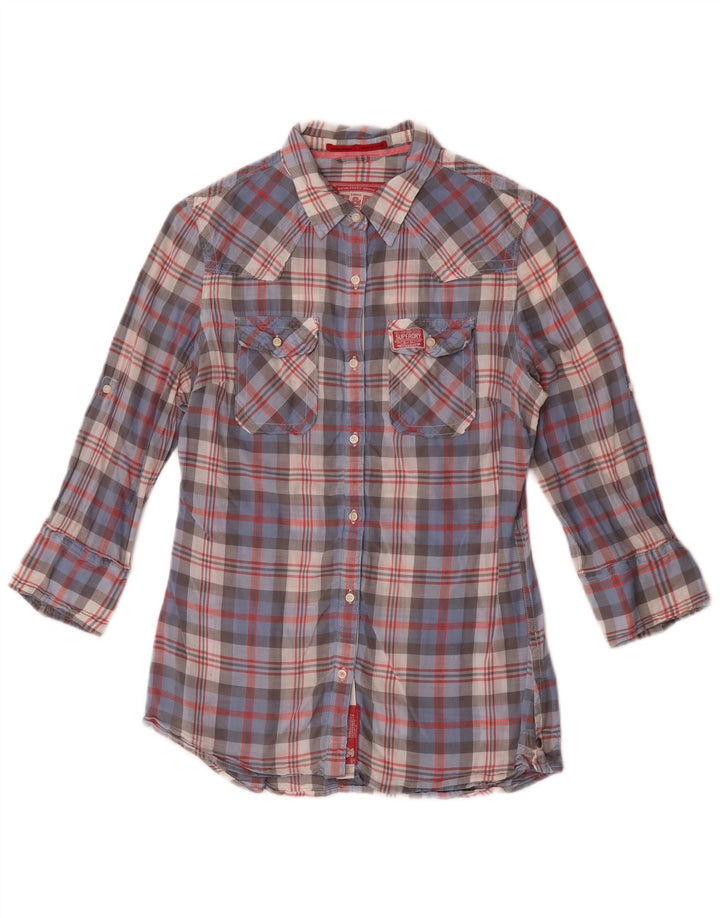 Superdry Womens 3/4 Sleeve Shirt UK 14 Medium Blue Check Cotton