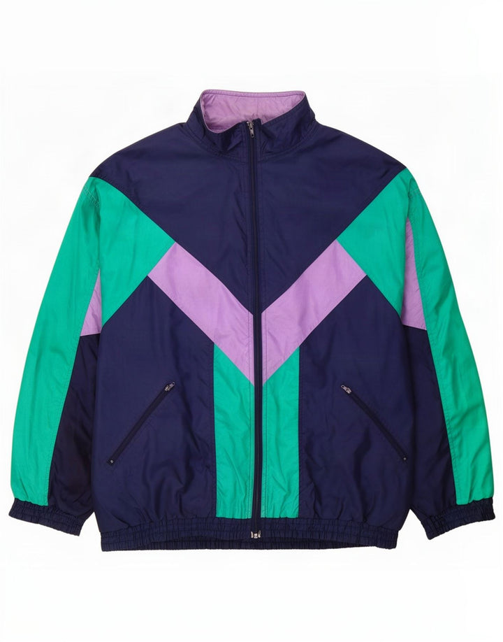 Vintage Mens Tracksuit Top Jacket Large Navy Blue Colourblock Polyamide