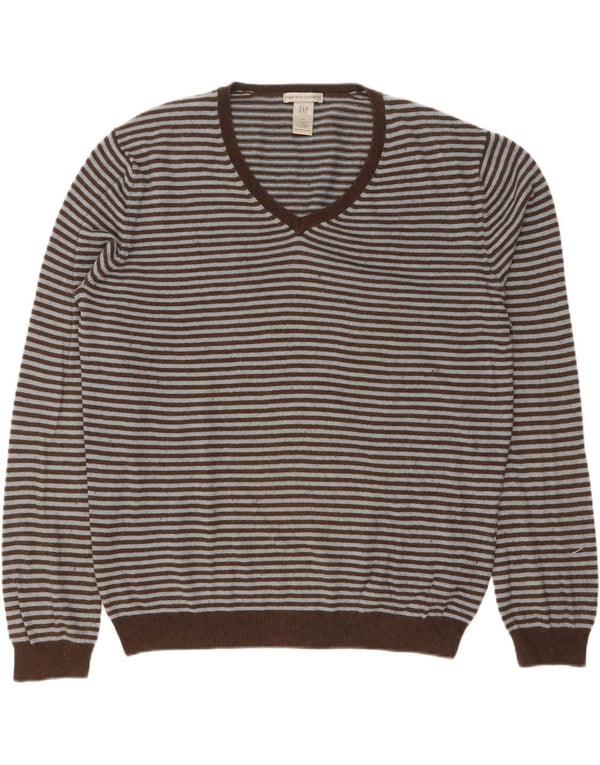Gap Mens V-Neck Jumper Sweater Large Brown Striped Cotton