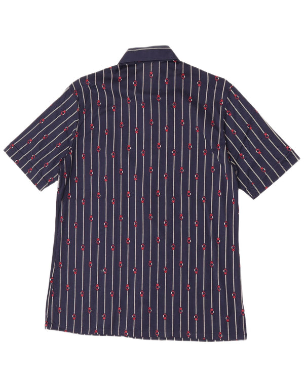 Camisa masculina vintage de manga curta pequena listrada azul marinho de algodão
