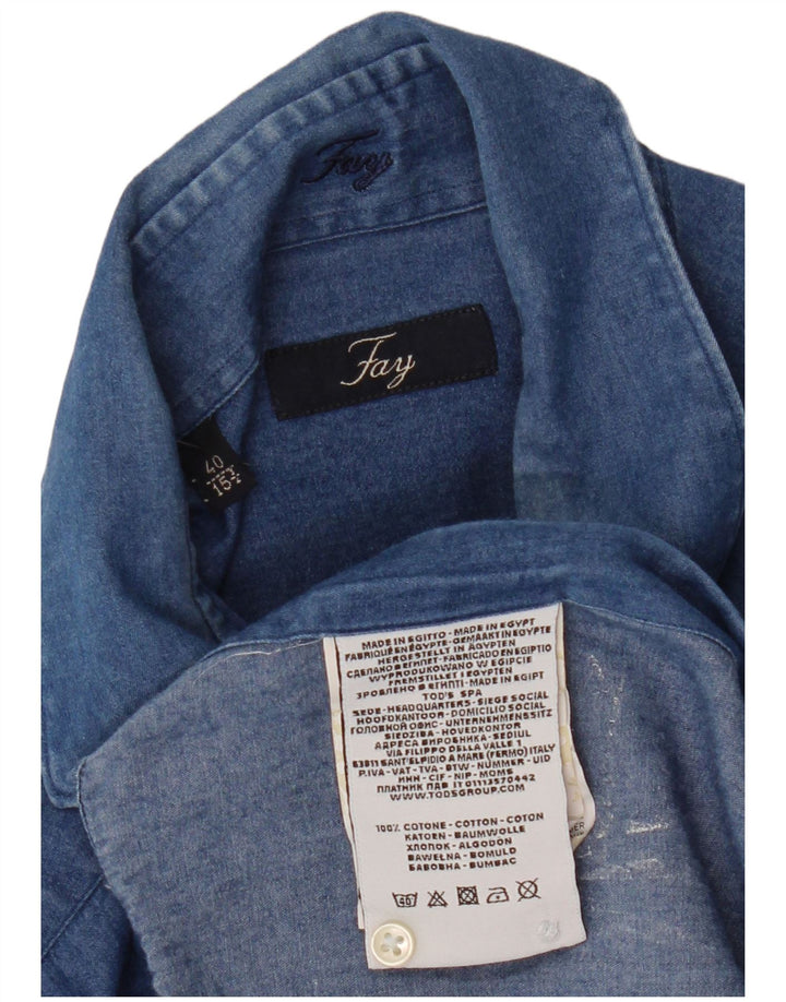 Fay Mens Denim Shirt Size 40 15 3/4 Medium Blue Cotton