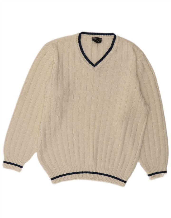 VINTAGE Mens V-Neck Jumper Sweater UK 40/42 Medium White Polyacrylic