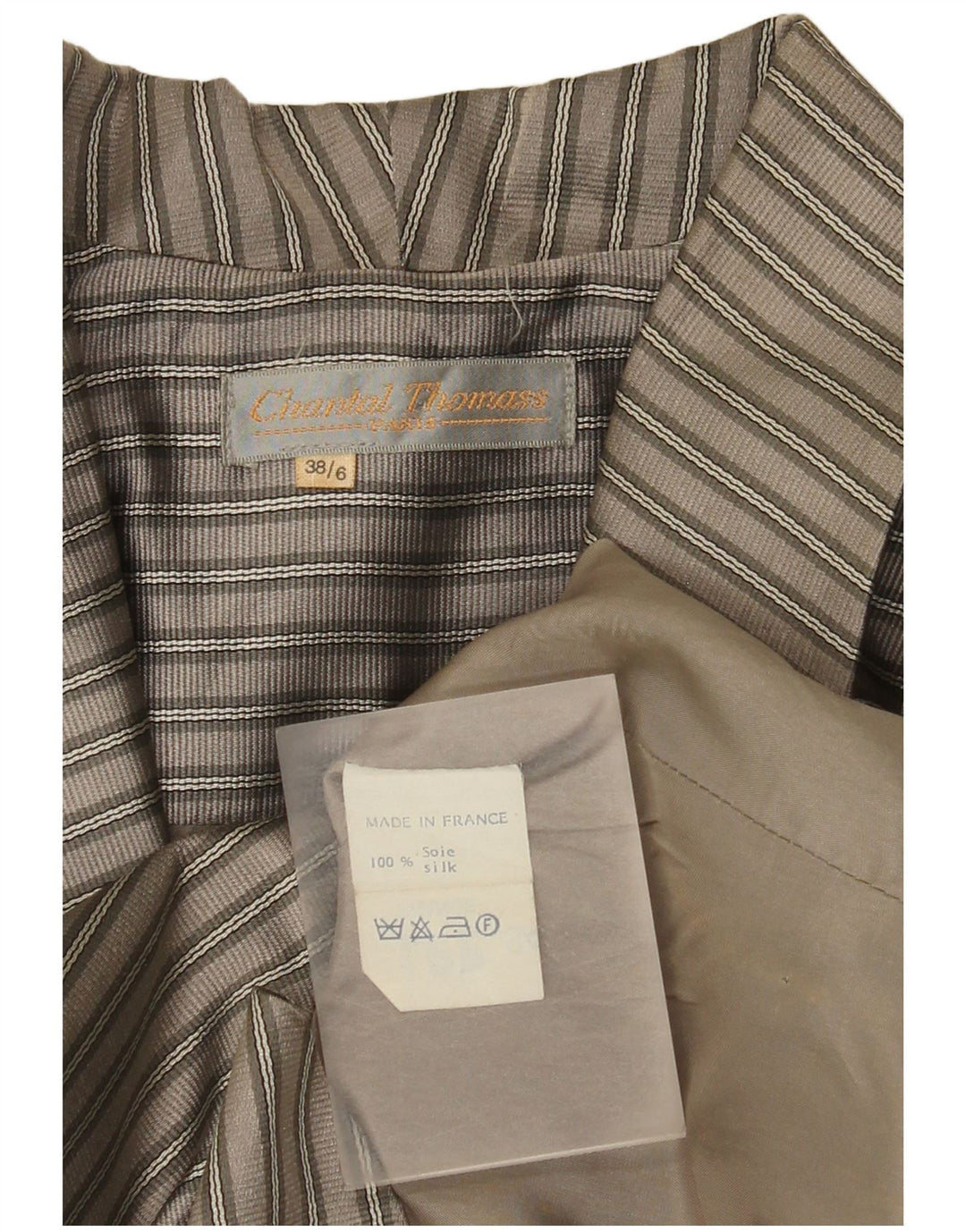 Vintage dame Crop 2-knaps blazerjakke EU 38 mellemgrå stribet silke