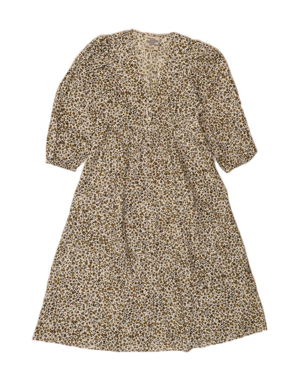 VINTAGE Womens 3/4 Sleeve Maxi Dress EU 38 Medium Beige Floral Cotton