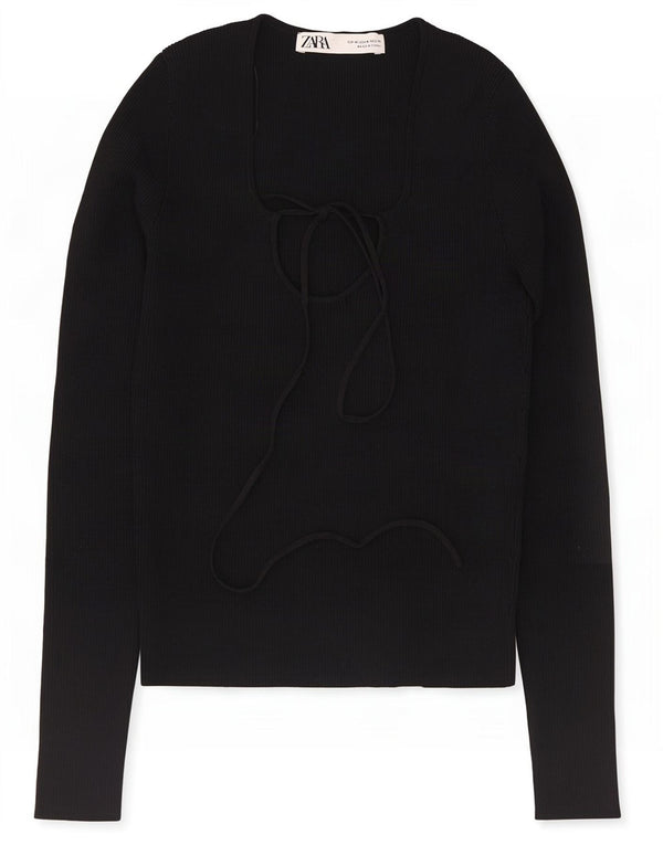 Zara Womens Crop Top Langærmet UK 12 Medium Black Viscose