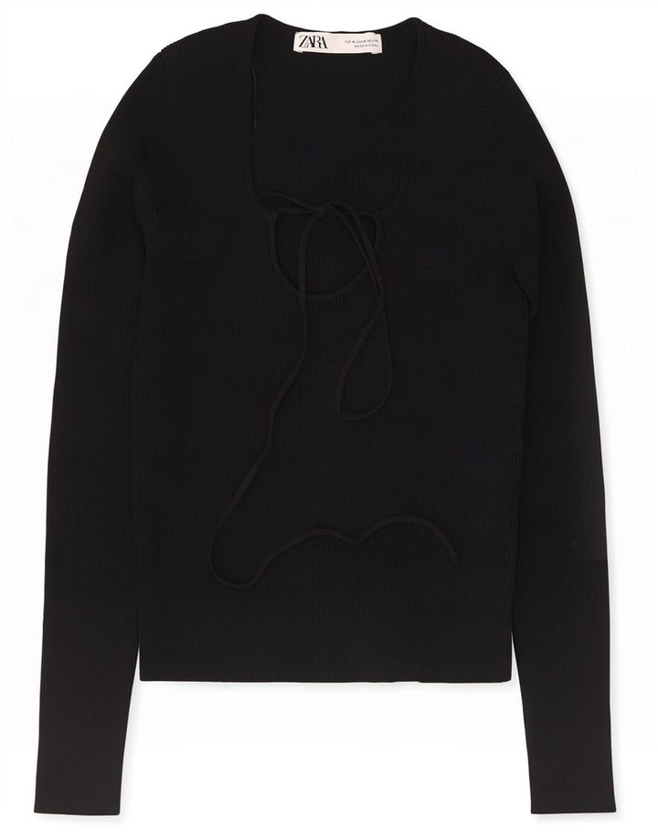 Zara Top curto feminino manga comprida Reino Unido 12 viscose preta média