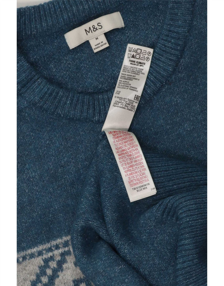 Marks & Spencer Mens Boat Neck Jumper Sweater Medium Blue Fair Isle Acrylic