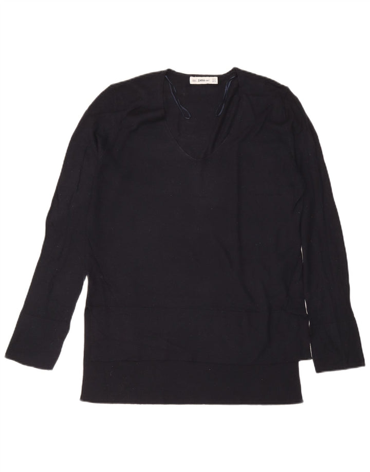 Zara Womens Top Long Sleeve UK 14 Medium Navy Blue Viscose