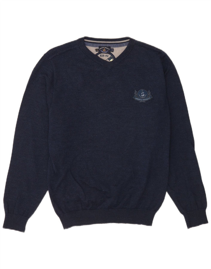 Amerigo Vespucci Mens V-Neck Jumper Sweater Small Navy Blue