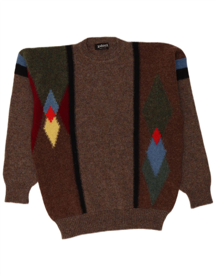 Vintage herre rund hals sweater stor brun Argyle/diamant uld