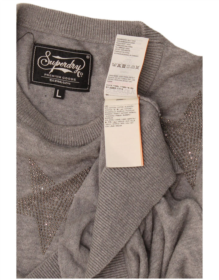 Damski sweter Superdry z abstrakcyjnym wzorem i okrągłym dekoltem, UK 16, duży, szary