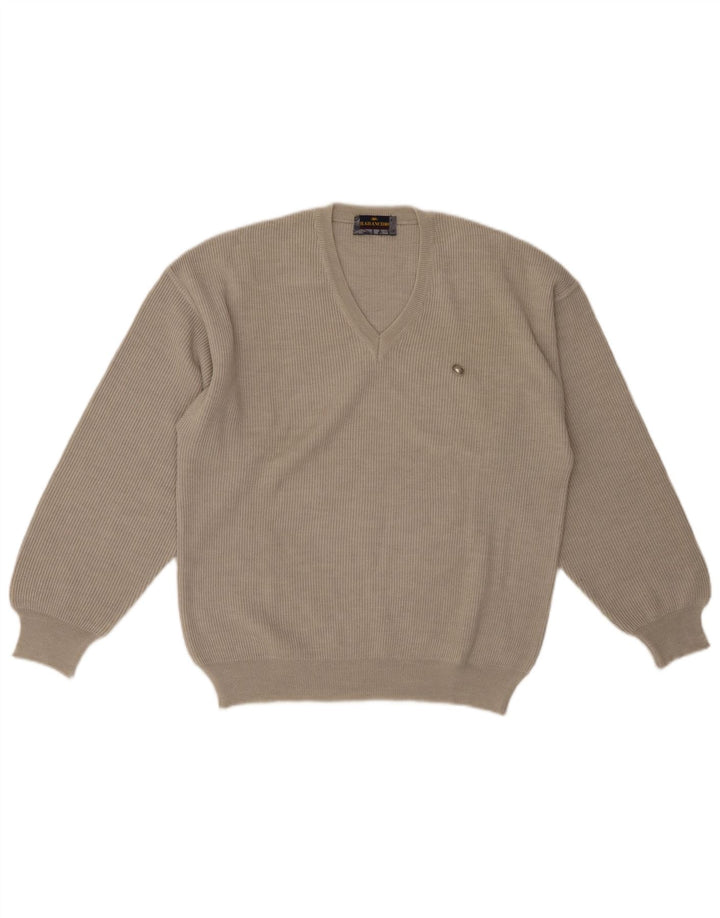 IL GRANCHIO Mens V-Neck Jumper Sweater Medium Beige Wool