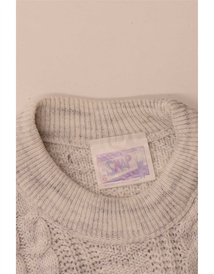 Vintage herre grafisk rund hals sweater medium grå flækket akryl