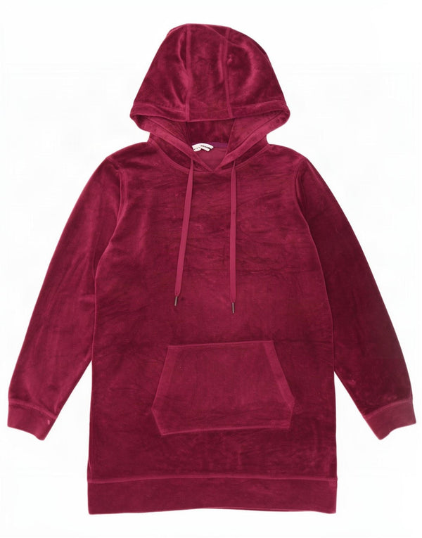 Dkny Womens Graphic Velour Hoodie Jumper UK 16 Large Burgundy Polyester
