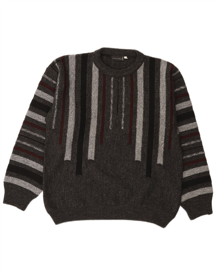 Alessandro Magno Mens Crew Neck Jumper Sweater Medium Grey Striped Acrylic