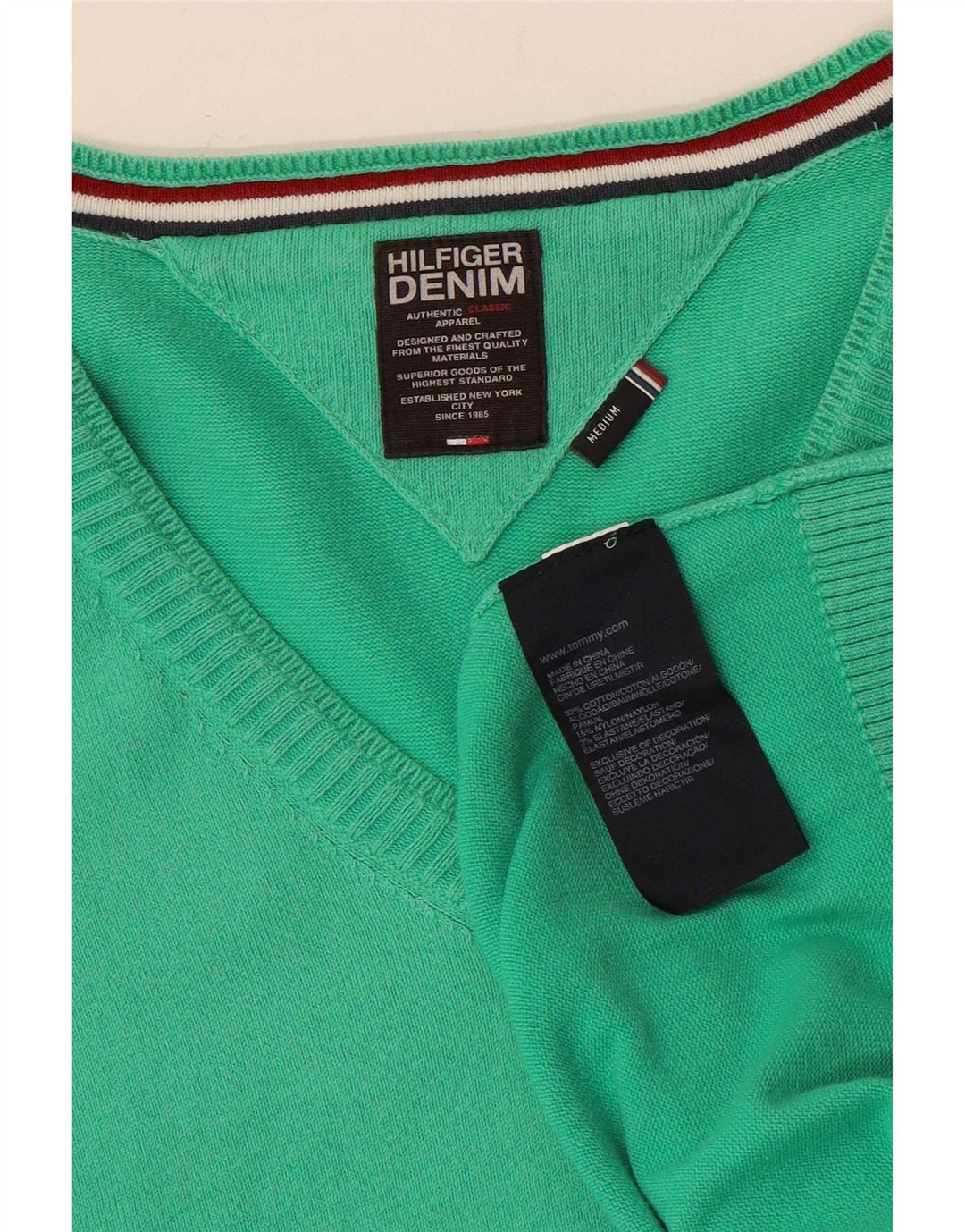 Tommy Hilfiger Mens V-Neck Jumper Sweater Medium Green Cotton