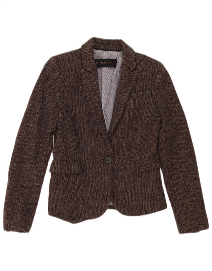 Zara Damen 1-Knopf-Blazerjacke UK 6 XS Braunes Fischgrätenmuster