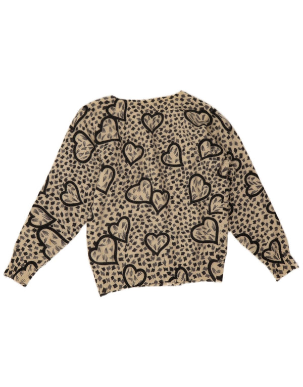 Maglione cardigan da donna vintage UK 10 Lana d'agnello con stampa animalier beige piccola