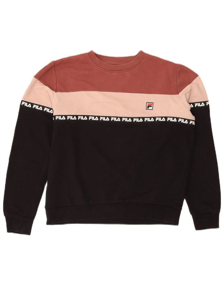 FILA Womens Graphic Sweatshirt Jumper UK 14 Medium Black Colourblock