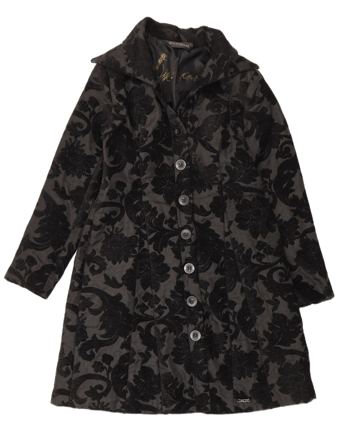 Desigual Womens Regular Fit Overcoat EU 42 Large Black Floral Modern