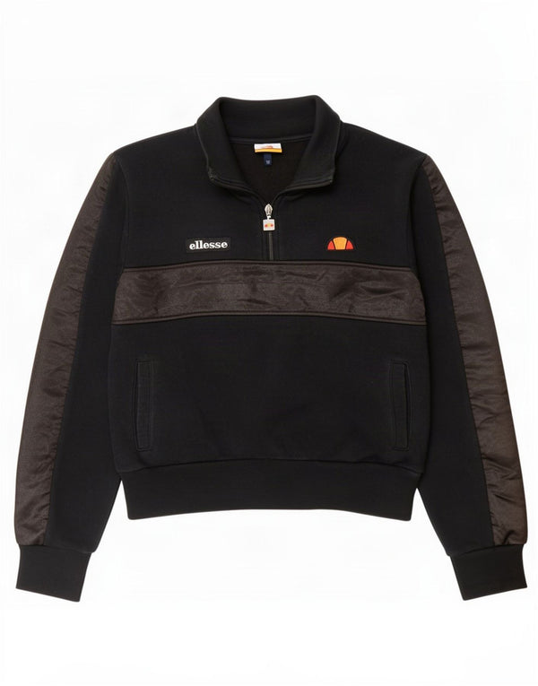 Ellesse Womens Zip Neck Sweatshirt Jumper UK 12 Medium Black Colourblock