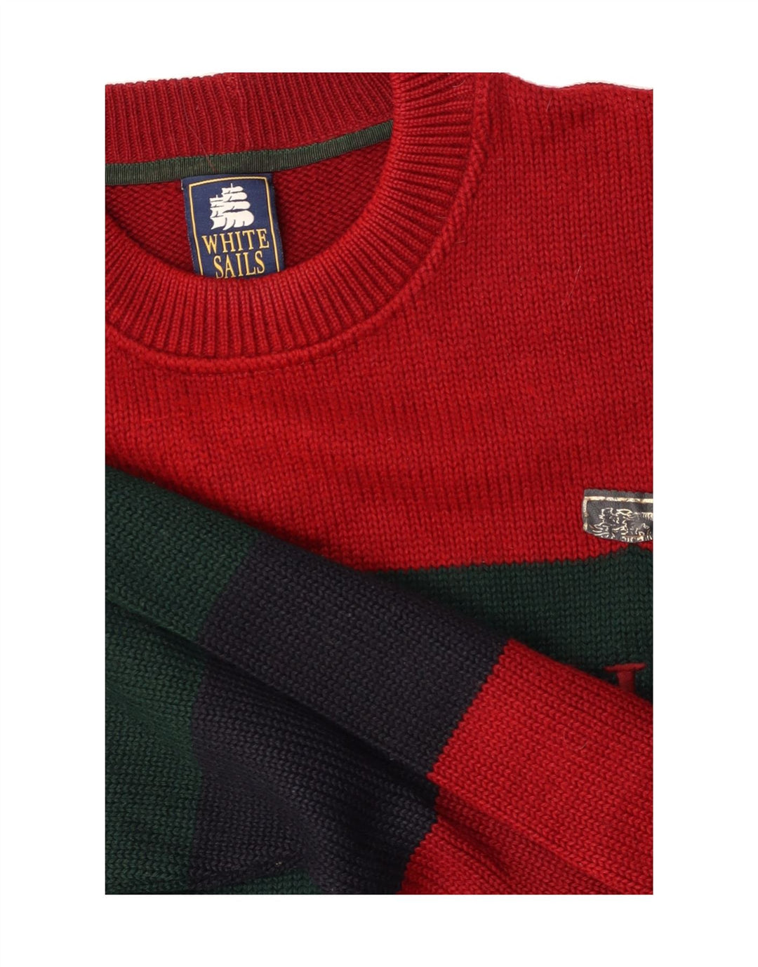 WHITE SAILS Mens Graphic Crew Neck Jumper Sweater Large Red Colourblock Vintage White Sails and Second-Hand White Sails from Messina Hembry 