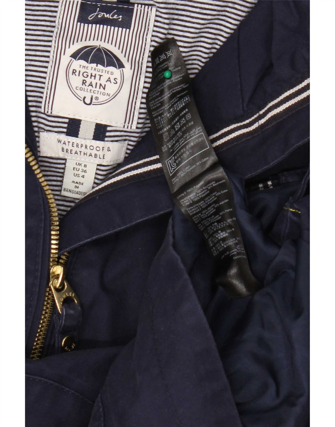 Joules Womens Hooded Rain Jacket UK 8 Small Navy Blue Cotton