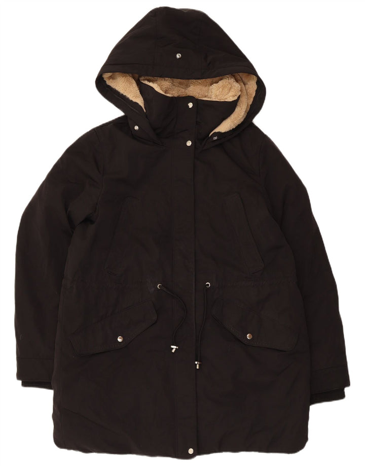 Zara Veste Parka à capuche pour femme UK 14 Medium Noir Polyester