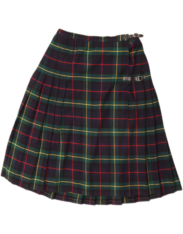 Vintage Womens Kilted Wrap Skirt IT 46 Large W32 Navy Blue Plaid Acrylic