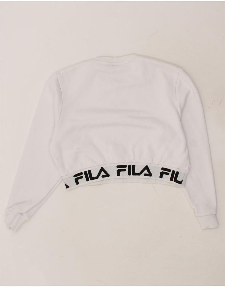 FILA Womens Crop Graphic Sweatshirt Jumper UK 12 Medium White Cotton Vintage Fila and Second-Hand Fila from Messina Hembry 