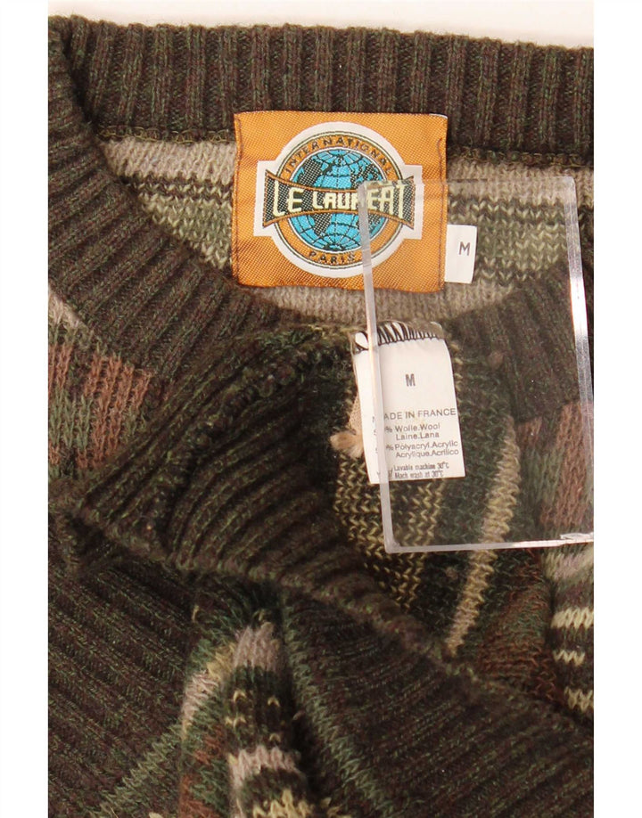 Le Laureat Mens Crew Neck Jumper Sweater Medium Khaki Geometric Wool