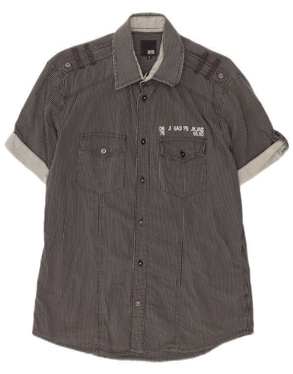 Jack & Jones Mens Short Sleeve Military Shirt Medium Black Pinstripe Cotton