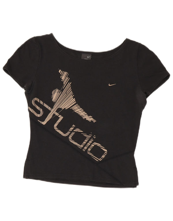 Nike Dame Dri Fit Crop Grafisk T-Shirt Top UK 10/12 Medium Sort
